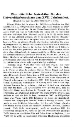 Eine väterliche Instruktion für den Universitätsbesuch aus dem XVII. Jahrhundert