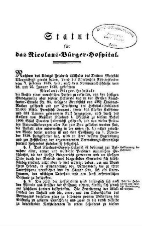 Statut für das Nicolaus-Bürger-Hospital