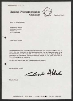 Brief an Gerard Mortier an Salzburger Festspiele, 28.11.1997