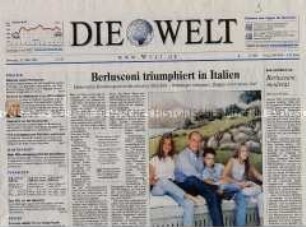 Tageszeitung "Die Welt", u.a. zum Wahlsieg von Berlusconi in Italien