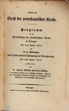 Über den Geist der protestantischen Kirche : Programm bei der Vertheilung der homiletischen Preise in Erlangen für das Jahr 1835 ... 1836