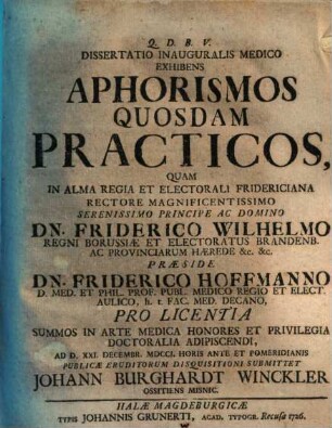 Diss. inaug. med. exhibens aphorismos quosdam practicos