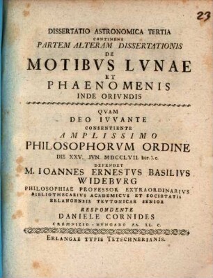 Dissertatio Philosophico-Astronomica De Motv Terrae Et Phaenomenis Inde Orivndis, Dissertatio Astronomica Tertia