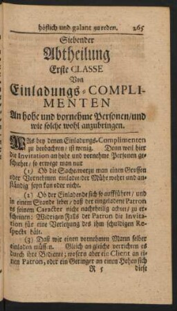 Siebender Abtheilung Erste Classe Von Einladungs-Complimenten An hohe und vornehme Personen/ und wie solche wohl anzubringen
