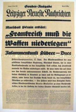 Sonderausgabe der "Leipziger Neuesten Nachrichten" zum Aufruf von Petain an das französische Volk zur Kapitulation