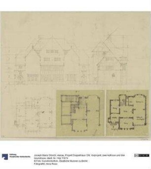 Hanau, Projekt Doppelhaus Ohl, Vorprojekt, zwei Aufrisse und drei Grundrisse