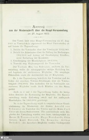 Auszug aus der Niederschrift über die Haupt-Versammlung am 27. August 1903