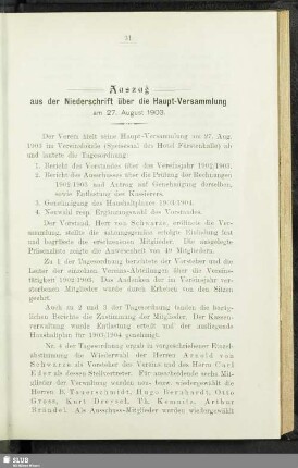 Auszug aus der Niederschrift über die Haupt-Versammlung am 27. August 1903