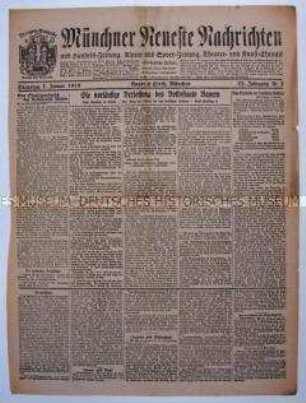 Titelblatt der Tageszeitung "Münchener Neueste Nachrichten" zur "vorläufigen Verfassung des Volkstaates Bayern"