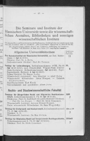 Die Seminare und Institute der Hansischen Universität sowie die wissenschaftlichen Anstalten, Bibliotheken und sonstigen wissenschaftlichen Institute