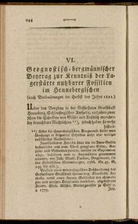 VI. Geognostisch-bergmännischer Beytrag zur Kenntniß der Lagerstätte nutzbarer Fossilien im Hennebergischen (nach Beobachtungen im Herbst des Jahrs 1811.)