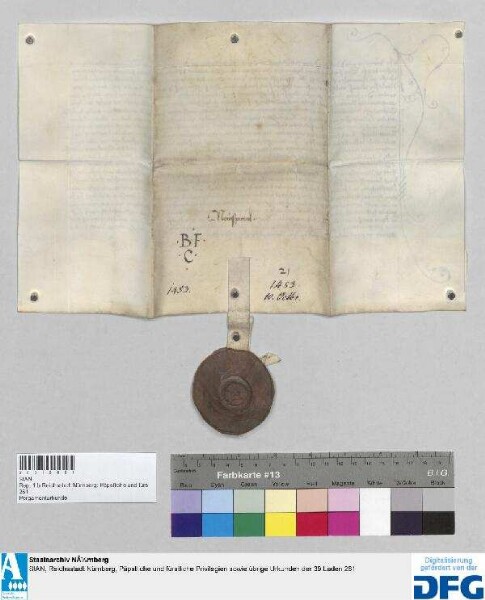 Wernher von Parsperg, Schultheiß, und die Schöffen der Stadt Nürnberg beurkunden, dass Anna, Hannsen Grasers Witwe, ihren Anteil an dem Gostenhof, an den Häusern an der Lodergasse und den Gütlein zu Lauffenholtz an Erhart Schurstab, Pfleger des Neuen Spitals, verkauft habe. - Siegler: das Stadtgericht.