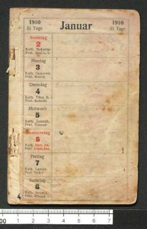 Taschenkalender mit tagebuchähnlichen Aufzeichnungen, 1910