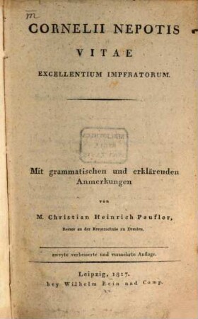 Cornelii Nepotis Vitae excellentium imperatorum