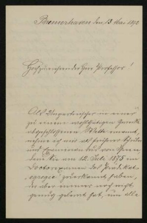 Bl. 29 - 30: Brief des Amtsrichters Devens an Rudolf von Jhering, Bremerhaven, 13.5.1892