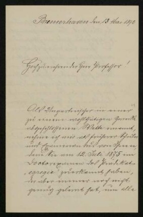 Bl. 29 - 30: Brief des Amtsrichters Devens an Rudolf von Jhering, Bremerhaven, 13.5.1892