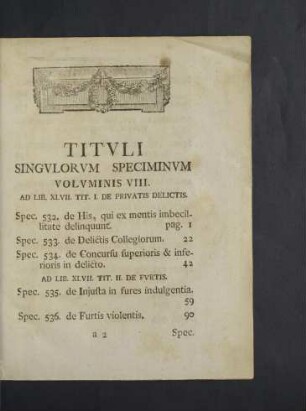 Tituli Singulorum Speciminum Voluminis VIII.