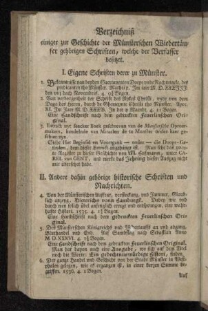 Verzeichniß einiger zur Geschichte der Münsterschen Wiedertäufer gehörigen Schriften, welche der Verfasser besitzet.