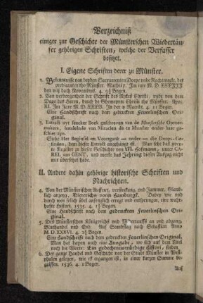 Verzeichniß einiger zur Geschichte der Münsterschen Wiedertäufer gehörigen Schriften, welche der Verfasser besitzet.