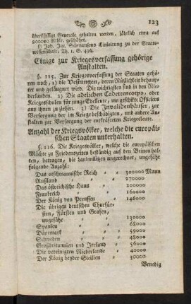123-132 (123), Anzahl der Kriegsvölker, welche die europäischen Staaten unterhalten. §. 116. - Von den hohen Collegien der Staaten. §. 121.