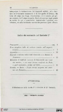Indice del contenuto nel fascicolo I°