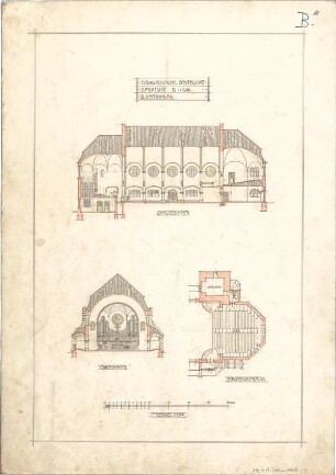 Dolmetsch, Heinrich; Stuttgart; Markuskirche - Projekt II, 2. Vorschlag - (Längsschnitt, Querschnitt); Emporen (Grundriss)