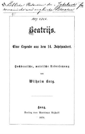 Beatrijs : eine Legende aus dem 14. Jahrhundert ; Hochdeutsche, metrische Übersetzung