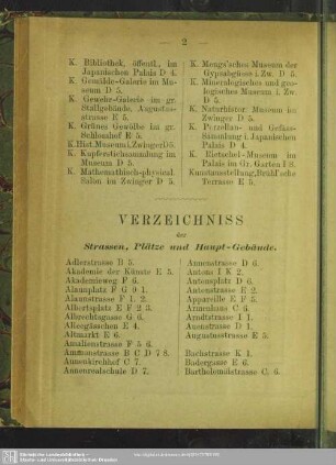 Verzeichniss der Strassen, Plätze und Haupt-Gebäude