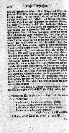 Recherches sur la faculté de sentir et sur celle de connoitre.