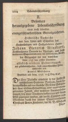 II. Besonders herausgegebene Lebensbeschreibung eines noch lebenden evangelischlutherischen Gottesgelehrten