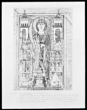 Der heilige Pankratius als Märtyrer zwischen den Stiftern des Klosters und den ersten Pröbsten; Bibel, MS. 1, folio 1