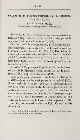 Solution de la question proposée par M. Griffths.