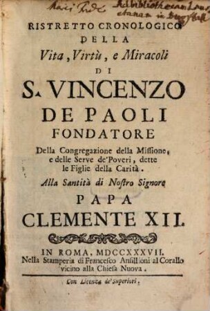 Ristretto cronologico della vita ... di S. Vincenzo del Paoli