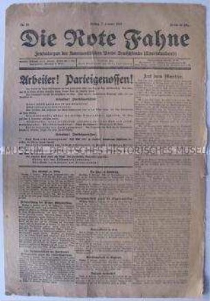 Kommunistische Tageszeitung "Die Rote Fahne" mit Aufrufen zu Protesten gegen die Ebert-Regierung