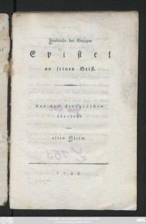 Friedrichs des Einzigen Epistel an seinen Geist