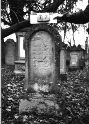 Grabstein 77 (Index: 99751826) Material: Sandstein Zustand: abgeblättert mit Textverlust Maße HxBxT: 127x45x22 cm Beschreibung: Stele, profilierter Sockel, Rundbogenabschluß, Schriftfeld eingetieft: Grabstein 77