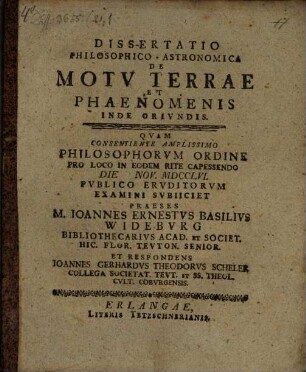 Dissertatio Philosophico-Astronomica De Motv Terrae Et Phaenomenis Inde Orivndis. [1]