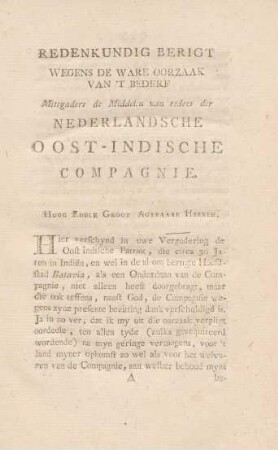 Redenkundig berigt wegens de ware oorzaak van 't bederf ... der Nederlandsche Oost-Indische compagnie