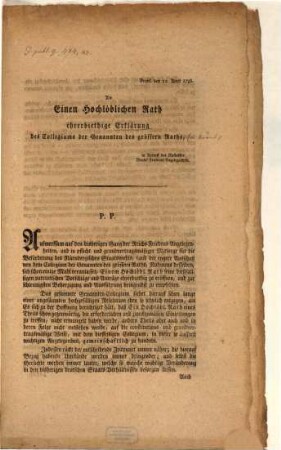 An Einen hochlöblichen Rath ehrerbietige Erklärung des Collegiums der Genannten des größern Raths der Reichsstadt Nürnberg ... in Betreff der Rastadter Reichs-Friedens-Angelegenheit