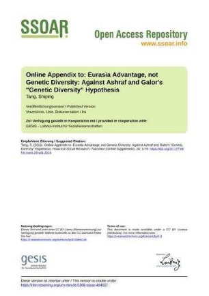 Online Appendix to: Eurasia Advantage, not Genetic Diversity: Against Ashraf and Galor's "Genetic Diversity" Hypothesis