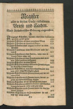 Register aller in diesem Buche enthaltenen Briefe und Sachen. Nach Alphabetischer Ordnung eingerichtet.