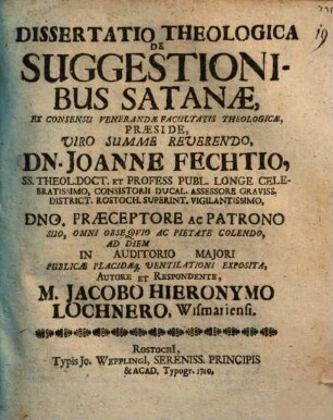 Diss. theol. de suggestionibus Satanae
