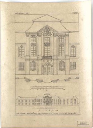 ohne Verfasserangabe; Eichstätt (Bayern); Bauaufnahmen (Bayerisches Denkmälerarchiv), Akademischer Architektenverein, München - Fürstbischöfliche Sommerresidenz (Ansicht)Teilgrundriss, Teilansicht)