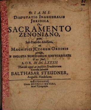 Disputatio Inauguralis Juridica De Sacramento Zenoniano