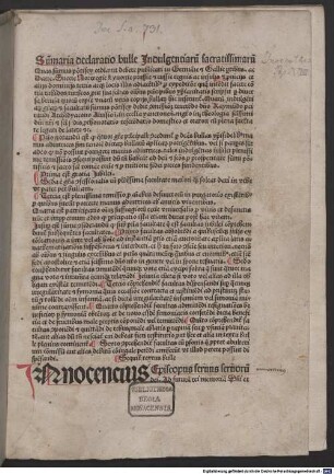 Summaria declaratio bullae indulgentiarum contra Turcos concessarum : mit der Ablaßbulle ‘Domini et salvatoris’, Rom 11. 12. 1488, von Papst Innocentius VIII.