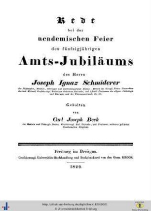 Rede bei der academischen Feier des fünfzigjährigen Amts-Jubiläums des Herrn Joseph Ignaz Schmiderer