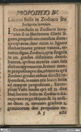 Propositio IV. Locum Solis in Zodiaco seu Eccliptica Invenire