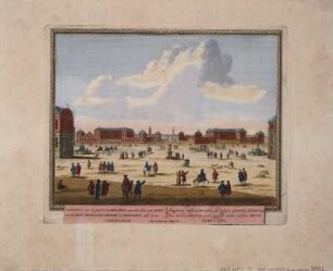 Barockes Baukonzept für die Dresdner Neustadt, Kupferstich, 1702 : Concept, voor de poort van Dresden, aan den Elbe voor Z.K.D. van Saxen, Georg De Vierde Sic Dresden : solf in ons Stedeboeck ; C. P. = Imaginaria oedificiorum insula, sub auspiciis Georgii Quarti Sax. Duc. & Elect. Dresdae portis apposita / Pet. Schenk exc. - Amst[elodami] , [1702]. - 1 Kunstbl. : kolor. Kupferst. ; Plattengr. 27 x 22 cm