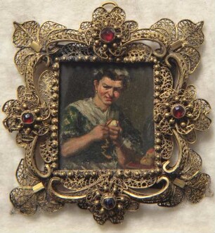 Apfelschälende Köchin. Miniatur aus der Sammlung Loewe