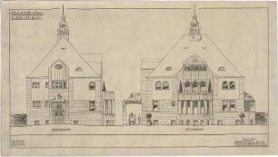 Billing, Hermann; Karlsruhe, Nördl. Hildapromenade 3/ Maximiliansstraße; Villa von Schwedler (Villa Billing) - Westfassade (Ansicht); Südfassade (Ansicht)